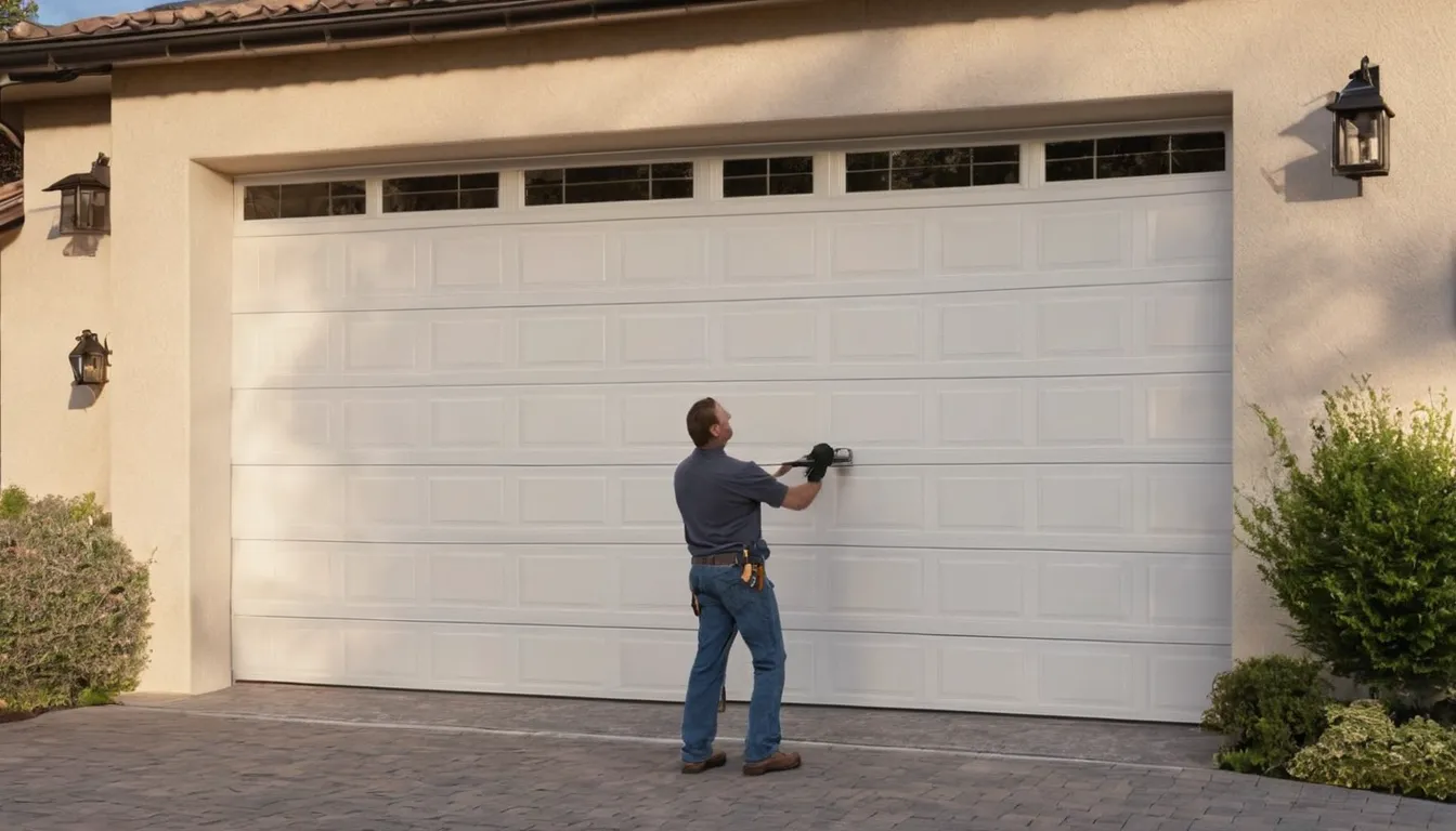 Local garage door provider checking a torsion spring above a home garage door in the Denver area